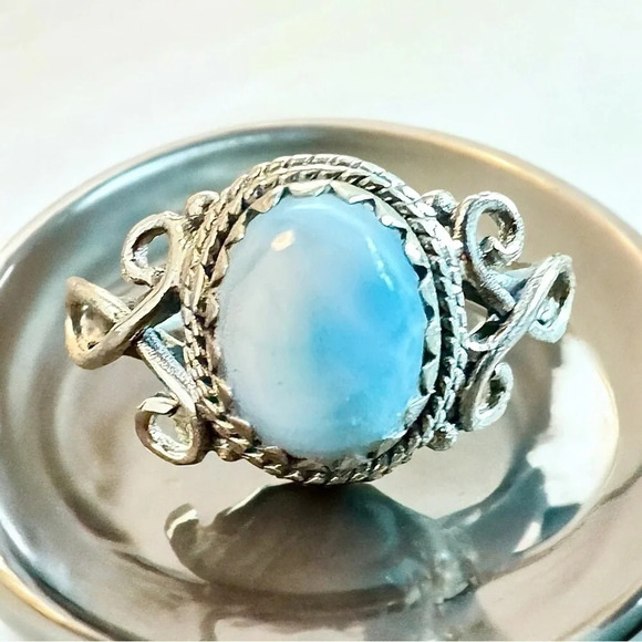 Dominican Larimar Sterling Silver Bali Ring (6.5) - Picture 1 of 6